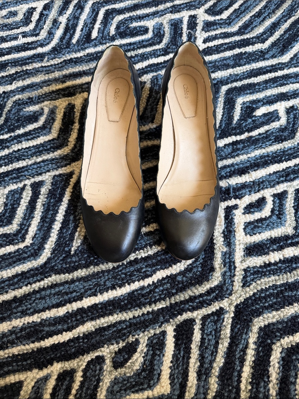 Chloé Black Scalloped Leather Block Heel Pumps